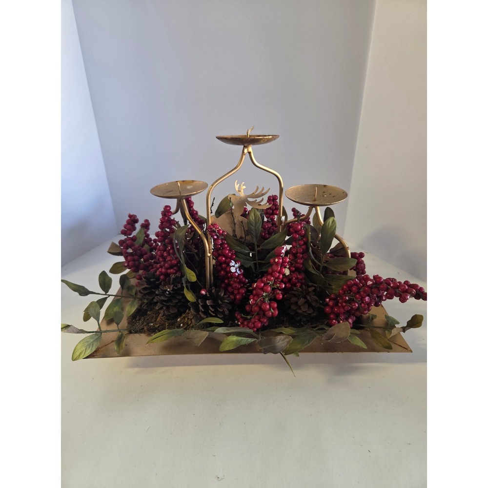 Christmas Reindeer Candle Holder Centerpiece Gold Metal Red Berries Pinecones